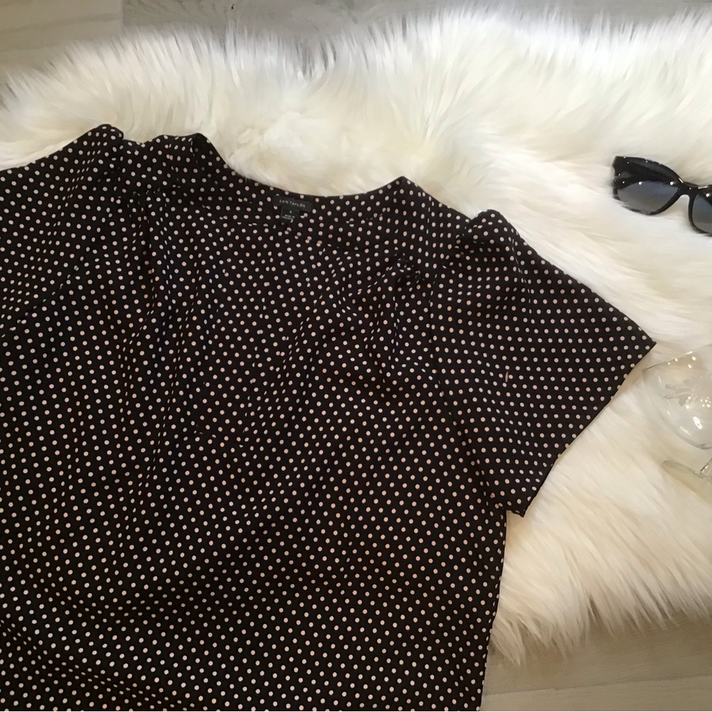 Ann Taylor Black Short Sleeve Blouse with Blush Polka Dots